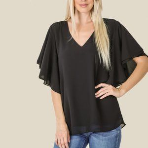 Black Chiffon Top with Waterfall Sleeves